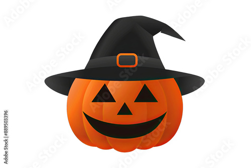 vibrant Halloween-themed illustration of a smiling jack-o'-lantern pumpkin wearing a classic black witch hat