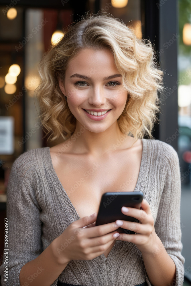ai generative, beautiful woman is enjoying the excitement of using a cellphone. ai generative, beautiful woman is enjoying the excitement of using a cellphone.