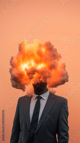 Businessman's head exploding isolated on peach fuzz color plain background.