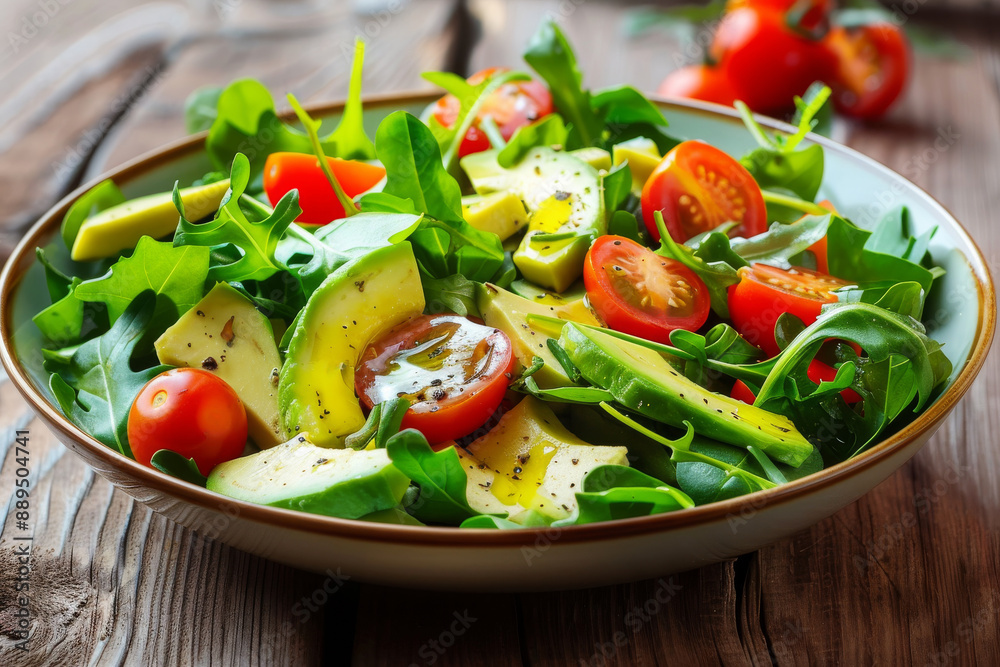 Fresh mixed greens salad with avocado, cherry tomatoes, and various vegetables in a rustic bowl on a wooden table. Fresh mixed greens salad with avocado, cherry tomatoes, and various vegetables in a rustic bowl on a wooden table.