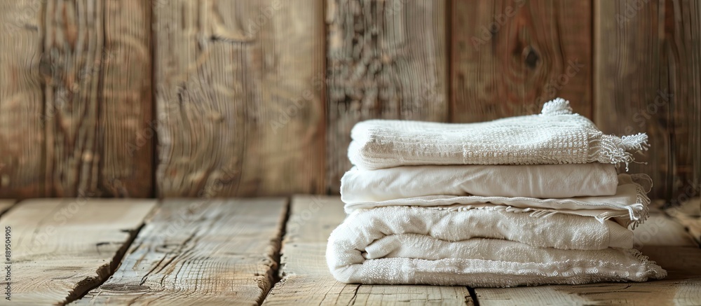 House cleaning includes neatly arranged folded linen on a wooden background creating a peaceful setting suitable for a copy space image. House cleaning includes neatly arranged folded linen on a wooden background creating a peaceful setting suitable for a copy space image.