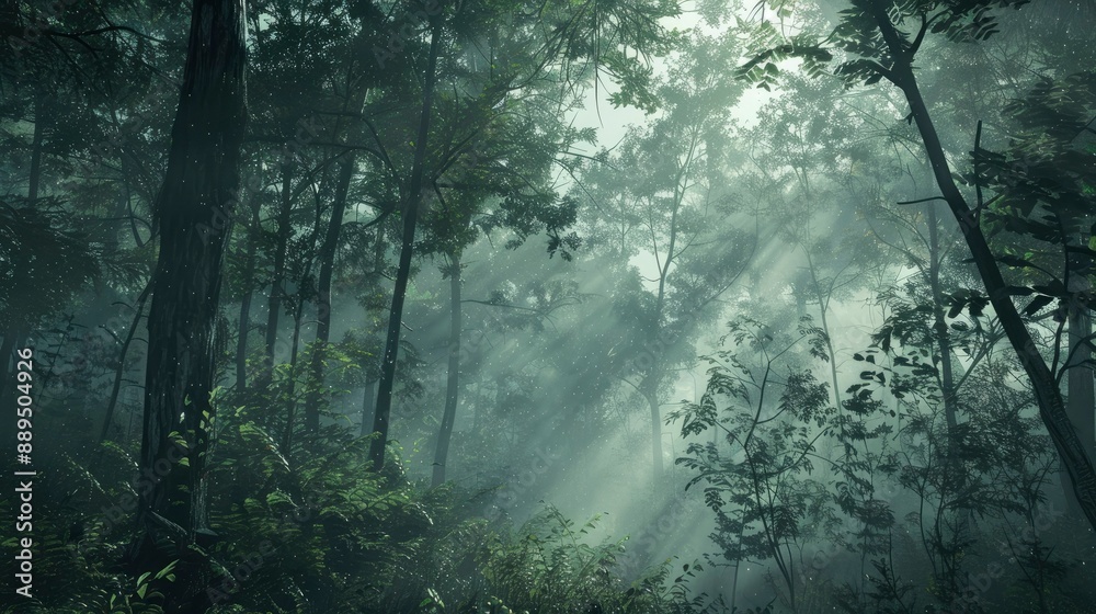 A misty morning in a dense forest. A misty morning in a dense forest.