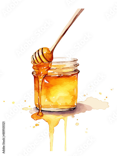 Jar with honey and wooden spoon isolated on white background, vector honey, vector illustration, watercolor jar with honey with wooden spoon vector, isolated on white background, vector honey, vector 