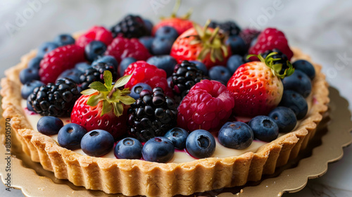 Delicious berry tart with fresh raspberries, blackberries, and blueberries on a buttery crust, perfect dessert for any occasion.