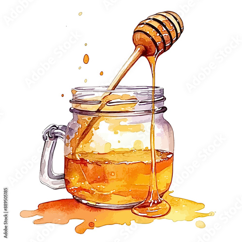 Jar with honey and wooden spoon isolated on white background, vector honey, vector illustration, watercolor jar with honey with wooden spoon vector, isolated on white background, vector honey, vector 