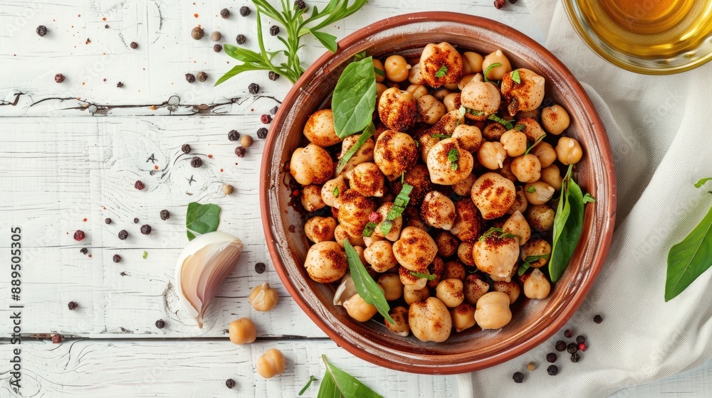 Fried chickpeas and quail eggs with spices on a clay plate top view on white wooden surface Fried chickpeas and quail eggs with spices on a clay plate top view on white wooden surface