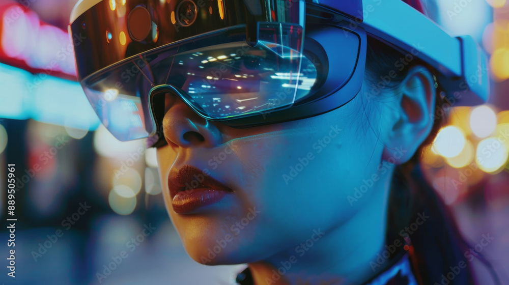 Close-up of a woman with futuristic augmented reality visor glasses, illuminated by neon lights in an urban setting at night. Close-up of a woman with futuristic augmented reality visor glasses, illuminated by neon lights in an urban setting at night.