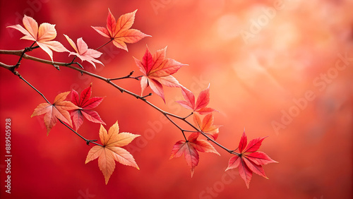 The image shows a branch of red and orange leaves on a tree. The background is a warm orange glow.