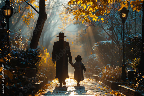 Jewish family stroll through the park on a sunny autumn day. Sunlight shines through the trees, creating long shadows. The father, in a black hat, holds hands with his young daughter © Kmikhidov