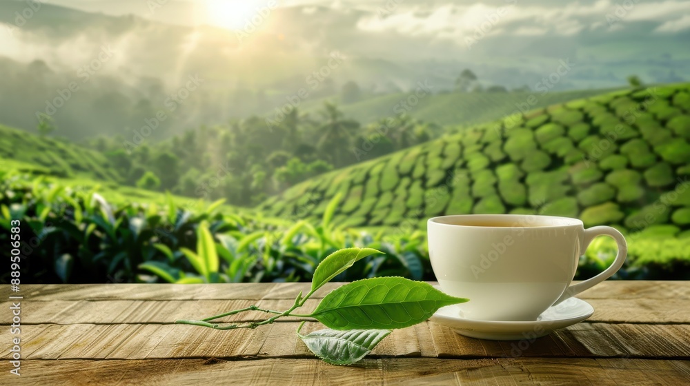 A white cup of tea sits on a wooden table in front of a beautiful mountain landscape. The cup is filled with a light green tea, and a leaf is placed on the table next to it
