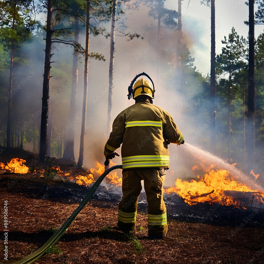 Naklejka premium A firefighter extinguishes a fire with a powder extinguisher.