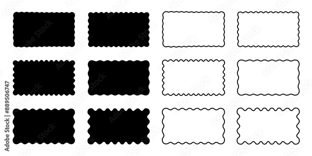 Set of rectangular shapes and frames with wavy edges. Rectangles with scalloped borders. Picture or photo frameworks, empty text boxes or tags isolated on white background. Vector graphic illustration