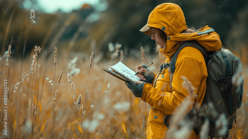A telephoto angle photo of a birdwatcher taking notes or sketching in a field journal while observing birds, with copy space A telephoto angle photo of a birdwatcher taking notes or sketching in a field journal while observing birds, with copy space