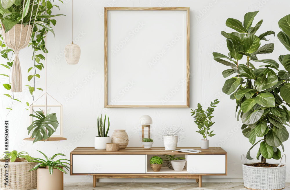 Light home interior room with plant and empty white mockup frame, perfect for advertisement. Minimalistic and simple lifestyle concept. Light home interior room with plant and empty white mockup frame, perfect for advertisement. Minimalistic and simple lifestyle concept.