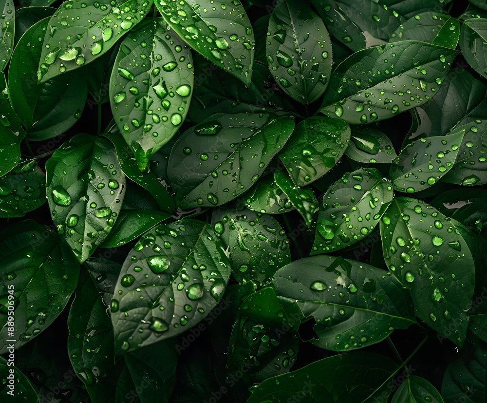 Fototapeta premium Close up of raindrops on vibrant green leaves, illustrating beauty of water in refreshing nature.