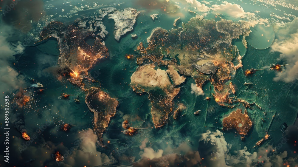 Contingency World Map A world map in war with military targets where explosions, fire and ...
