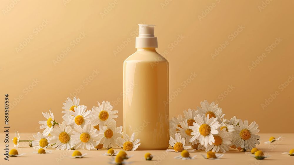 Yellow bottle with chamomile flowers on a soft beige background. Yellow bottle with chamomile flowers on a soft beige background.