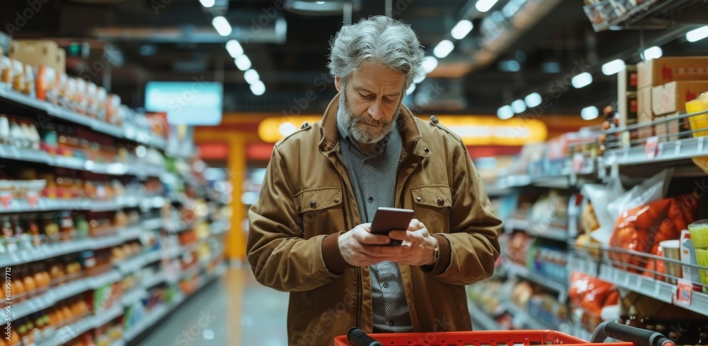 Mature Man Using Smartphone While Grocery Shopping in a Supermarket
