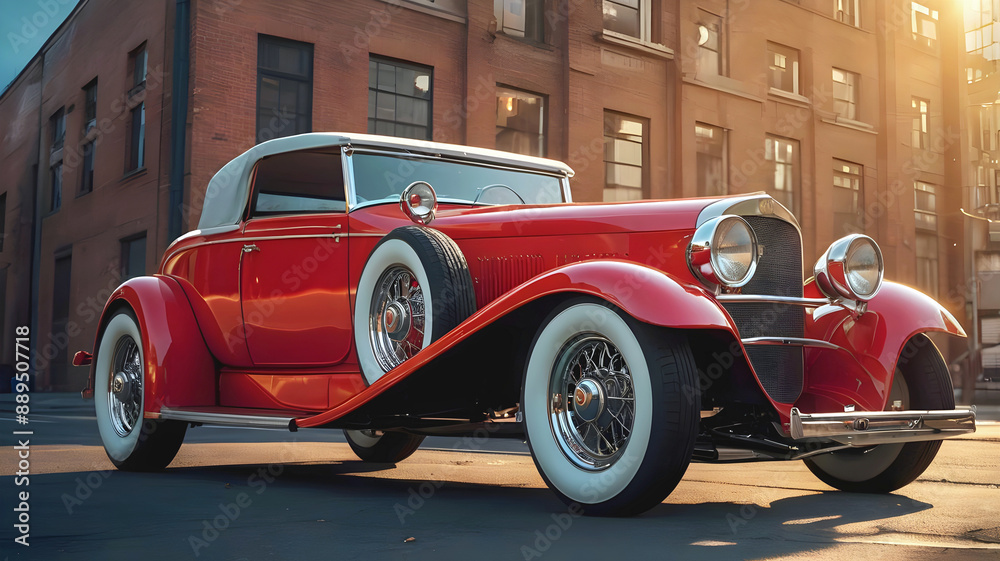 beautiful old timer vintage red car at sunset, transport and vehicles, automotive background, auto