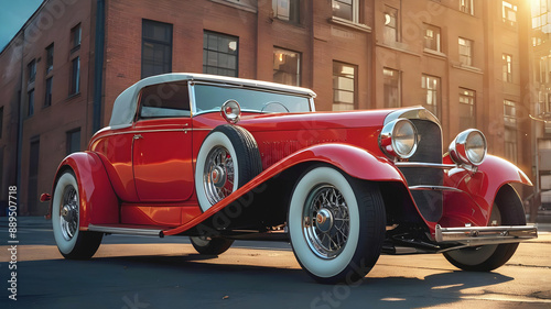 Obraz na płótnie beautiful old timer vintage red car at sunset, transport and vehicles, automotive background, auto w salonie