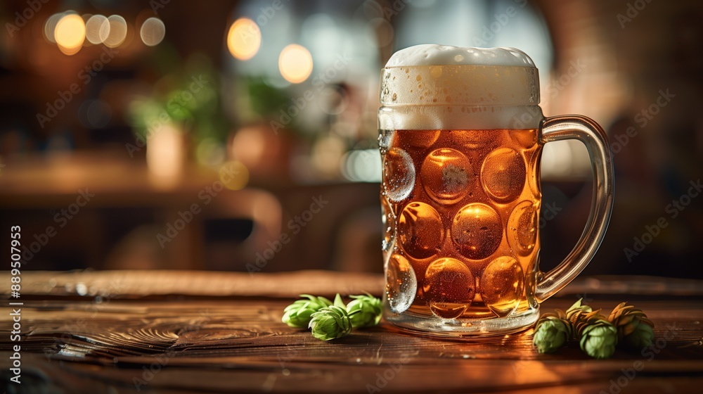 Full mug of beer and hop cones Full mug of beer and hop cones