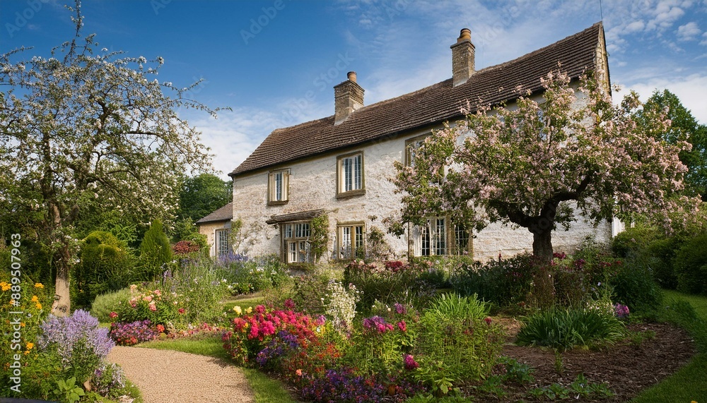 Una casa antigua con un jardín lleno de flores y árboles frutales Stock ...