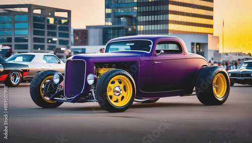 Obraz na płótnie beautiful old timer hot rod vintage matte purple yellow car at sunset, transport and vehicles, automotive background, auto w salonie
