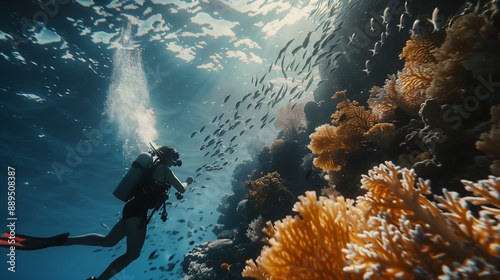 Fototapeta Naklejka Na Ścianę i Meble -  Diver underwater with a coral reef background