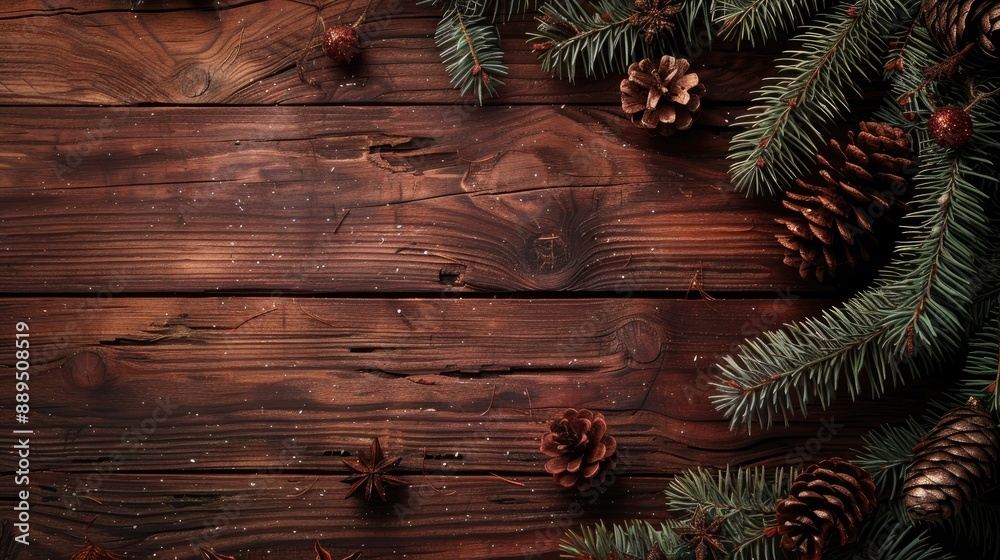 Rustic wooden background with Christmas tree decor and festive greetings Rustic wooden background with Christmas tree decor and festive greetings