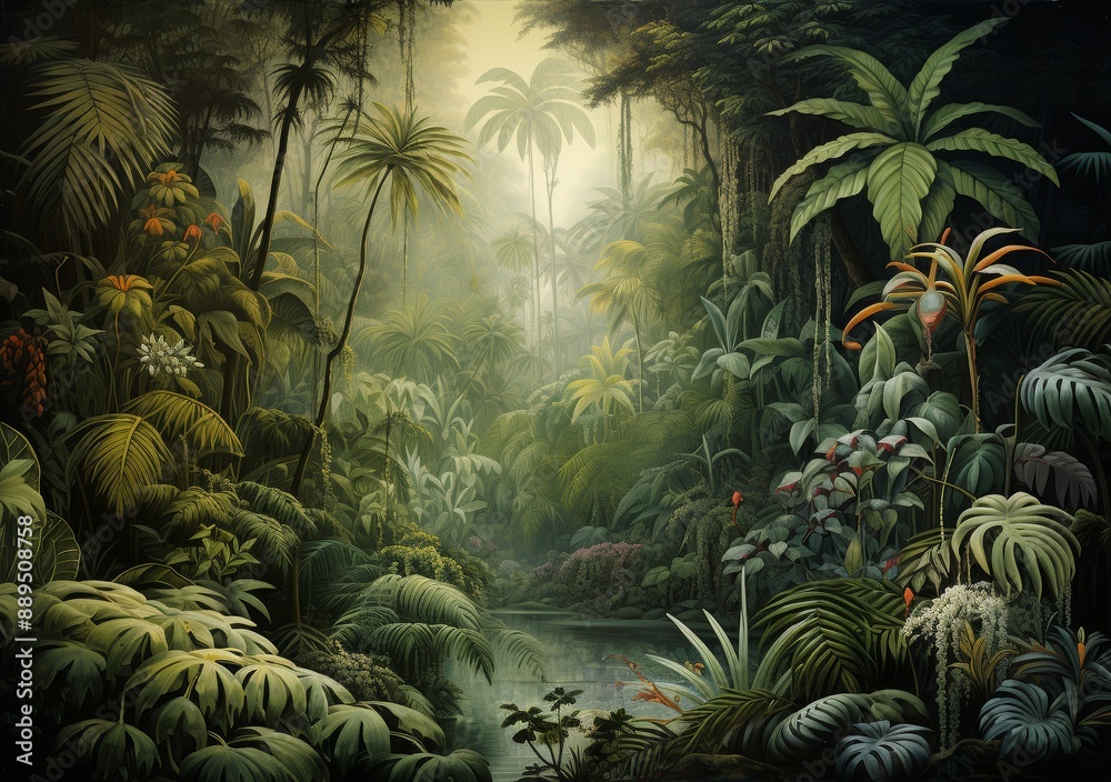 Fototapeta premium Watercolor pattern wallpaper. Painting of a tropical green jungle and rainforest landscape.