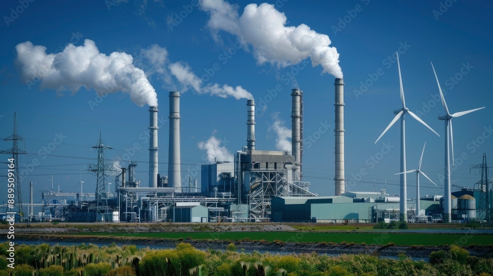 Wind turbines towering over a modern manufacturing plant, symbolizing the integration of renewable energy sources into industrial processes to achieve sustainable production goals. Wind turbines towering over a modern manufacturing plant, symbolizing the integration of renewable energy sources into industrial processes to achieve sustainable production goals.