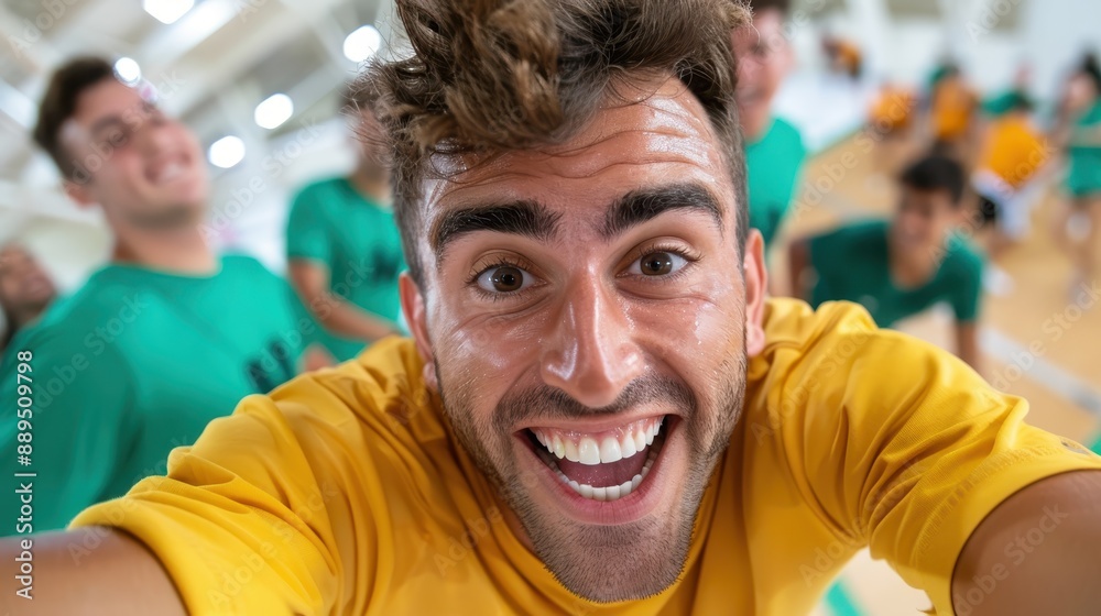 A happy man posing with friends in a lively sports hall, highlighting the camaraderie, energy, and joy shared during recreational and sporting activities indoors. A happy man posing with friends in a lively sports hall, highlighting the camaraderie, energy, and joy shared during recreational and sporting activities indoors.