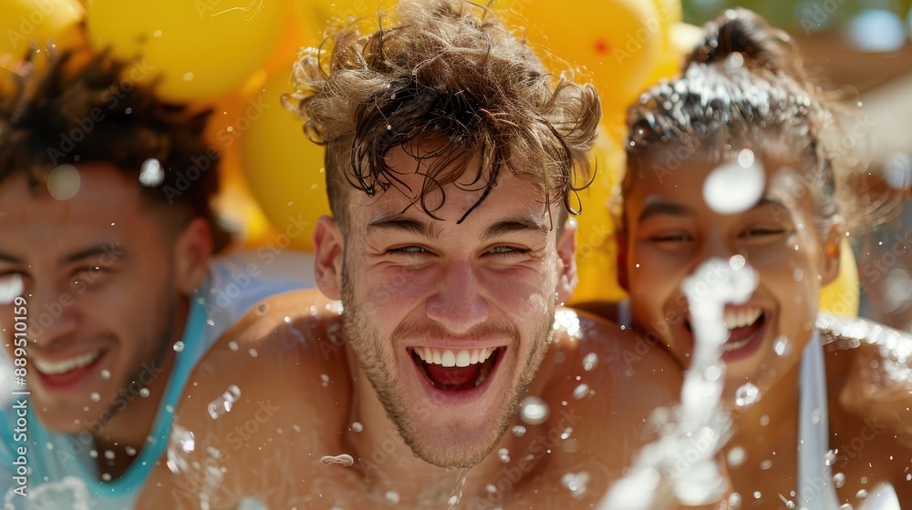 A smiling man enjoys being splashed by water, surrounded by bright balloons, capturing a fun and joyful moment full of laughter and vibrancy during a lively event. A smiling man enjoys being splashed by water, surrounded by bright balloons, capturing a fun and joyful moment full of laughter and vibrancy during a lively event.