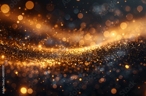 A grainy, blurry texture of sand on the ground with golden sparkles flying around it, against black background,