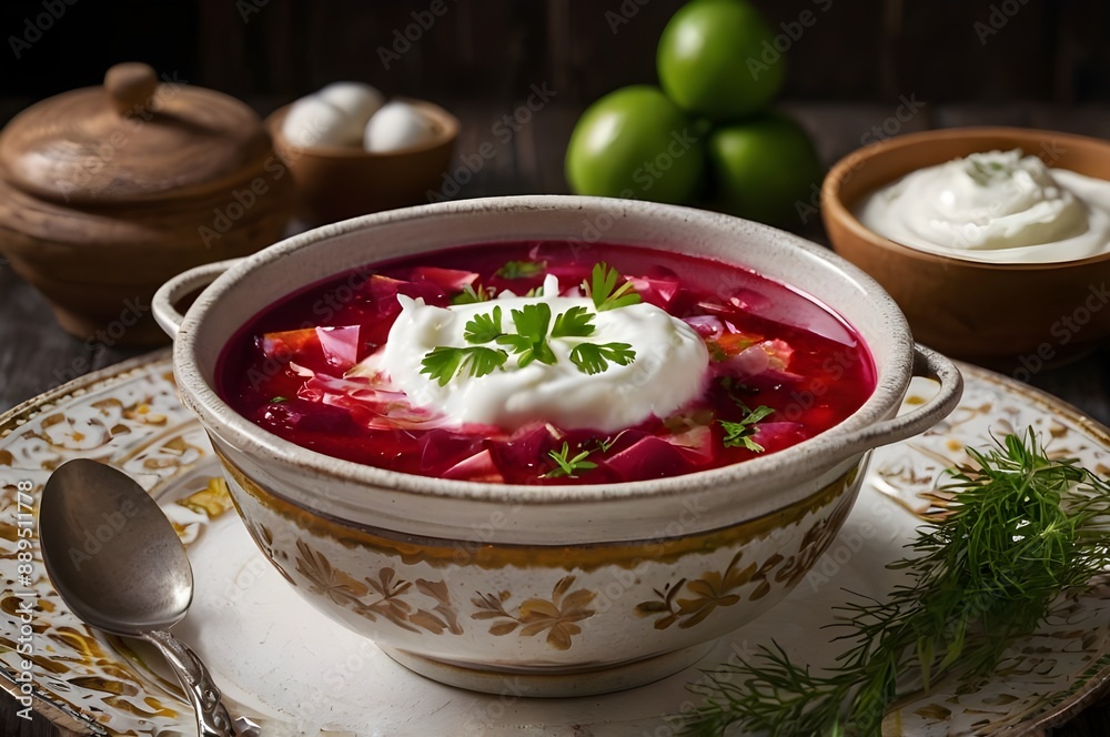Traditional Russian borscht with sour cream. Traditional Russian borscht with sour cream.