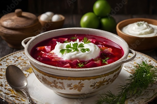 Traditional Russian borscht with sour cream.