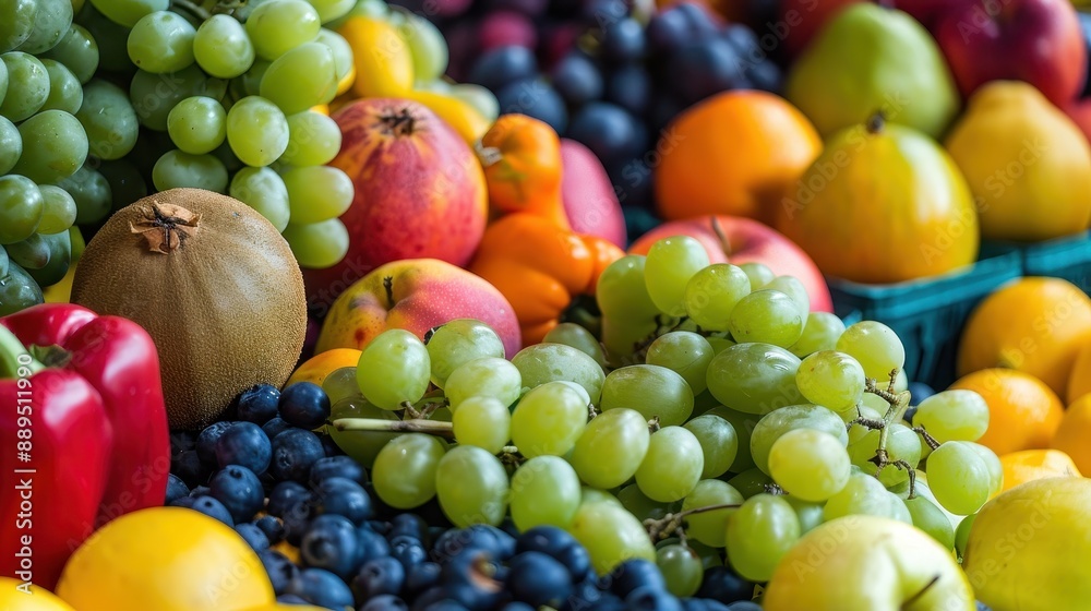 A variety of fruits are displayed in green baskets, including apples, oranges, and pears. The pears are also yellow, but they are smaller than the oranges A variety of fruits are displayed in green baskets, including apples, oranges, and pears. The pears are also yellow, but they are smaller than the oranges
