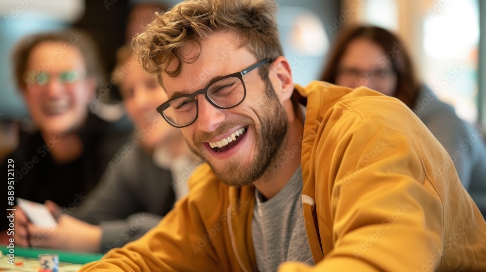 A man is seen laughing heartily while enjoying a board game with friends indoors. The image captures a joyful atmosphere, full of hearty laughter and shared fun. A man is seen laughing heartily while enjoying a board game with friends indoors. The image captures a joyful atmosphere, full of hearty laughter and shared fun.