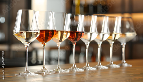 Glasses with different wines on blurred background, closeup