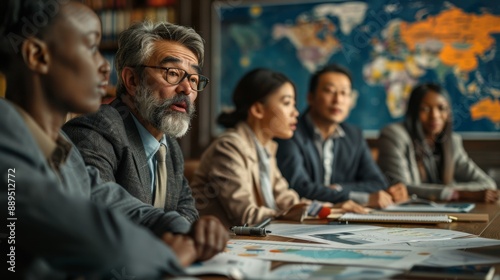 diverse team of international lawyers and business professionals in a conference room, discussing legal compliance issues across different regions, with maps and legal documents on the table