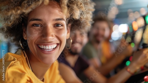 A happy woman with an exuberant smile enjoys spending time with friends at a game arcade, embodying joy, camaraderie, and the thrill of shared experiences.