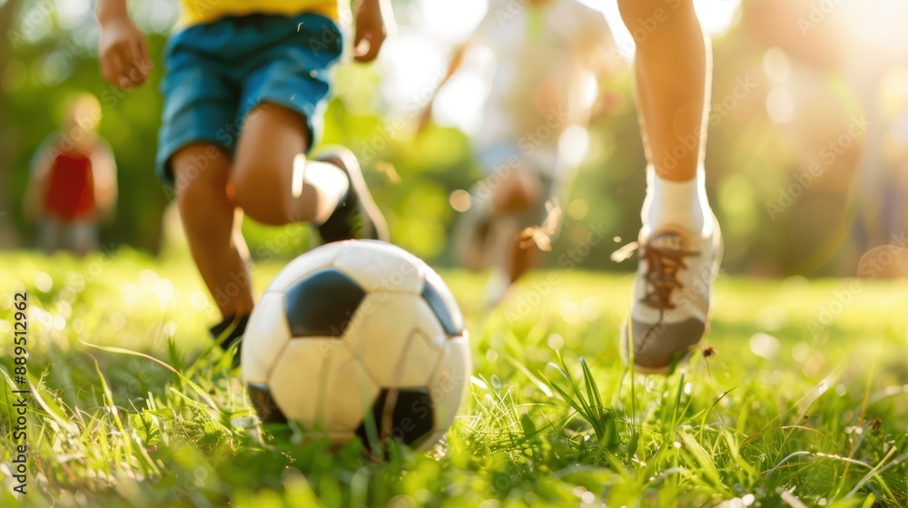 Fototapeta premium A group of kids chase after a soccer ball on a sunlit grassy field, embodying the liveliness and carefree spirit of childhood, surrounded by nature and play.