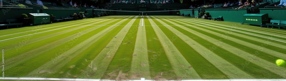 Obraz premium A tennis court with a crowd of people watching. The court is green and white