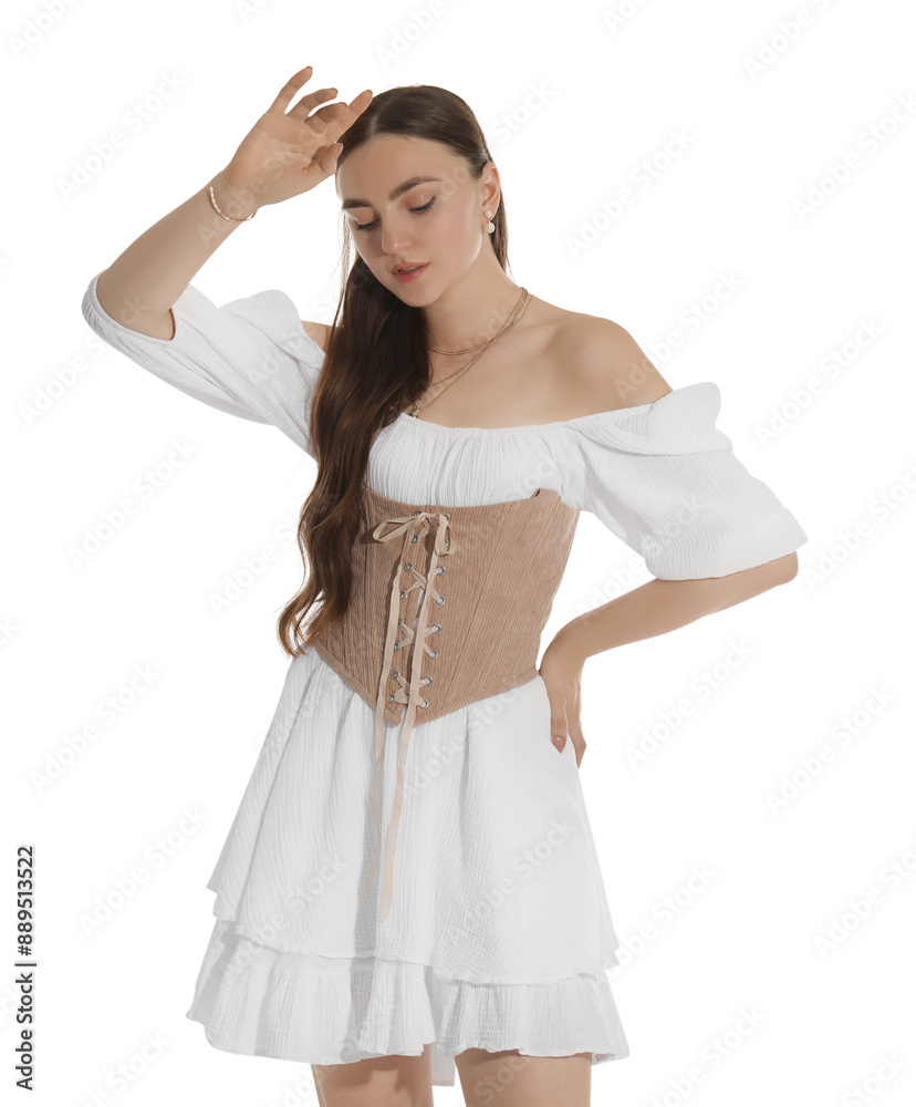 Beautiful woman in velvet corset posing on white background Beautiful woman in velvet corset posing on white background