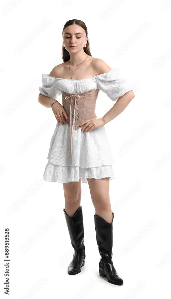 Beautiful woman in velvet corset posing on white background Beautiful woman in velvet corset posing on white background