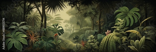 Watercolor pattern wallpaper. Painting of a tropical green jungle  and rainforest landscape.