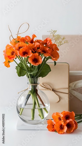 Nasturtium flowers in glass vase and notebook romantic gift beautiful bouquet neutral background