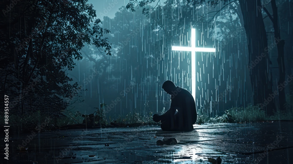 Obraz premium Man, god and rain with depressed for mercy with plead or cry for help with test of faith with glow cross. Mental health, doubt or loss with grief, hopeless and trouble with spiritual crisis outside.