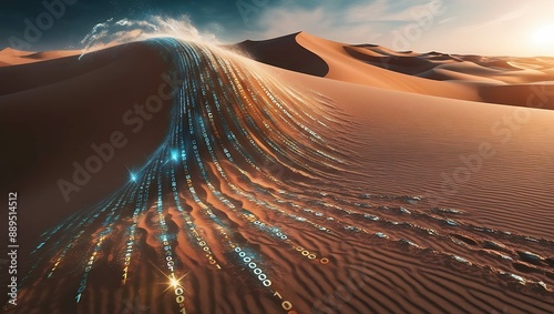 Digital binary code wave in the desert. Tech style background. photo