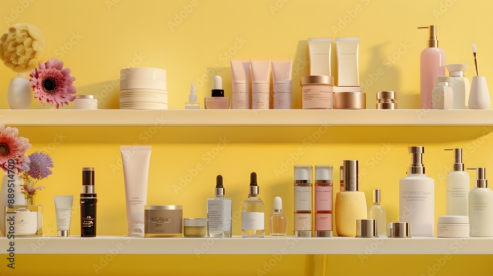Beauty products displayed symmetrically with a camera focused on them in a bright studio setting Beauty products displayed symmetrically with a camera focused on them in a bright studio setting